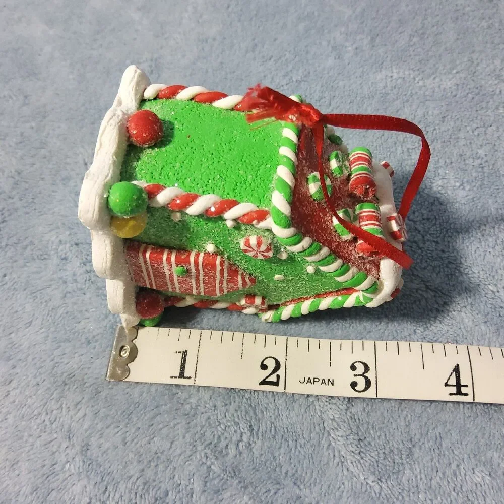 Green Gingerbread House Christmas Ornament Peppermint Candy Cane Clay Dough 3.25